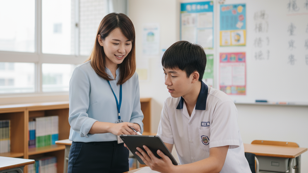 老師和學生在教室裡討論課程或事情